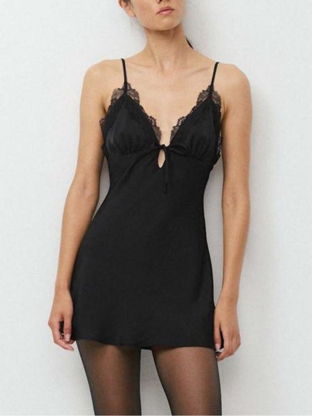 Aritzia TEN Starlet Japanese Double Satin Mini Dress in Black with Lace Trim.